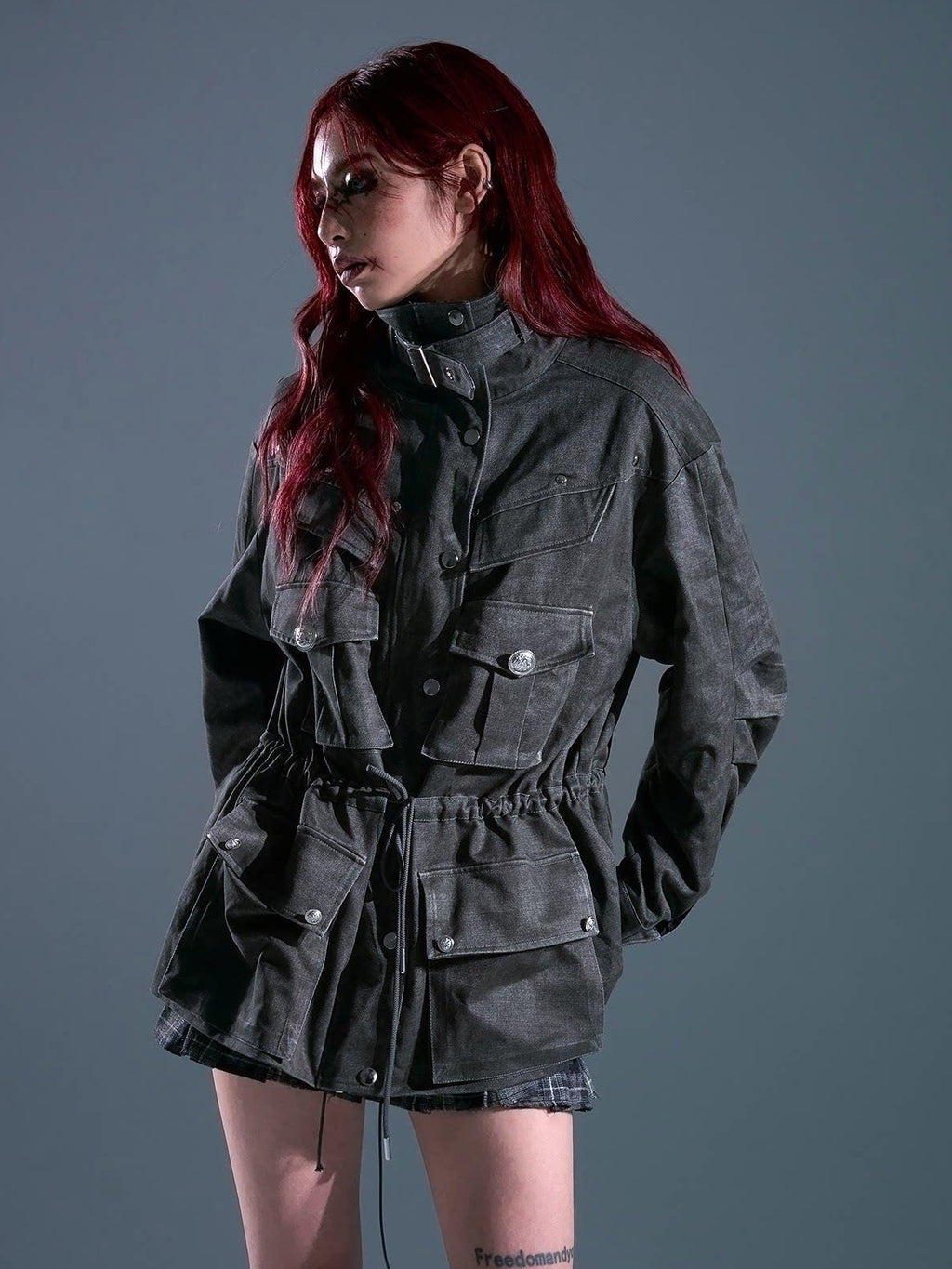 Frustration Garden Warm Vintage Loose Midlength Zip Button Pocket Studs Unisex Gray Casual Jackets