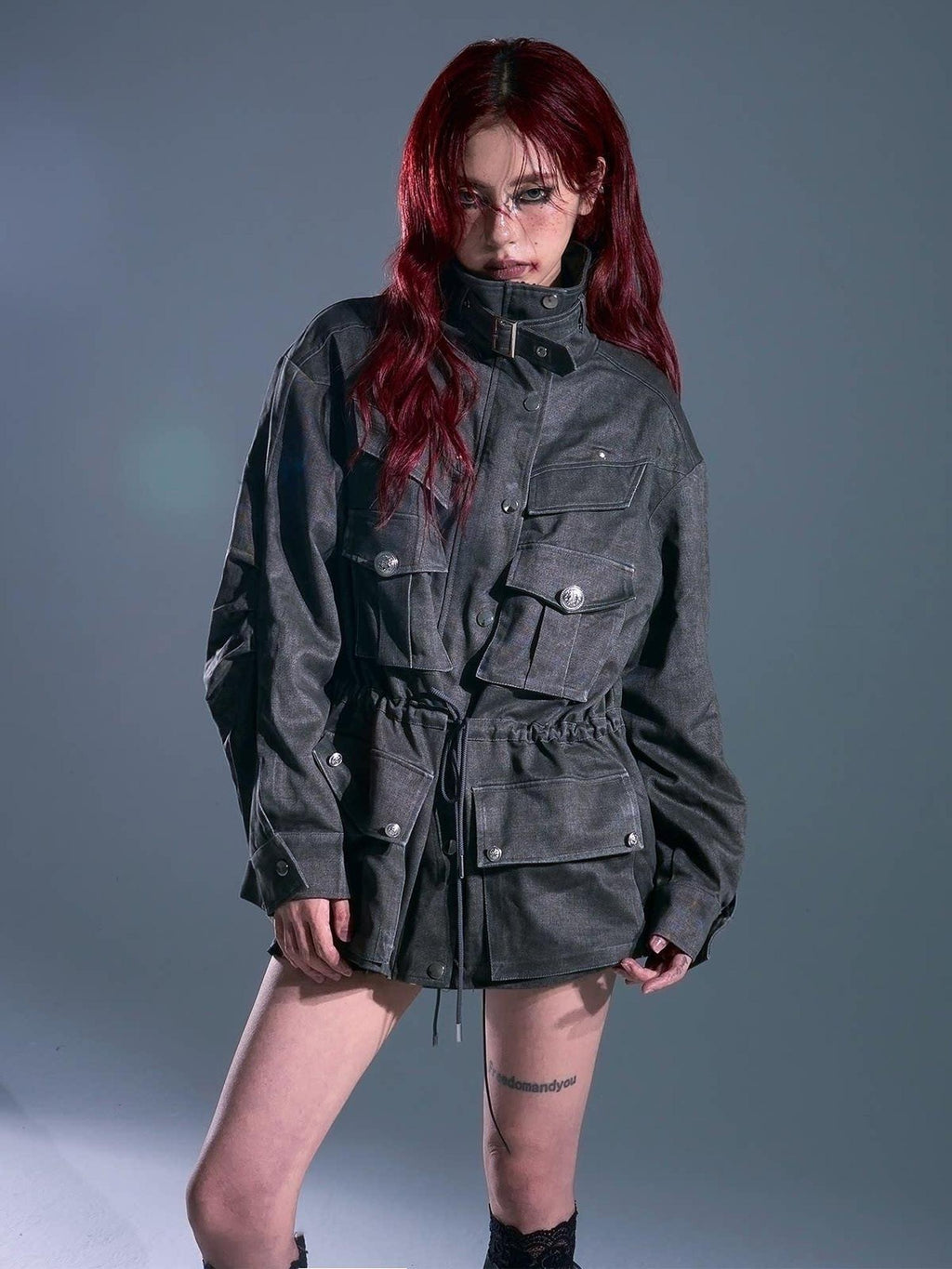 Frustration Garden Warm Vintage Loose Midlength Zip Button Pocket Studs Unisex Gray Casual Jackets