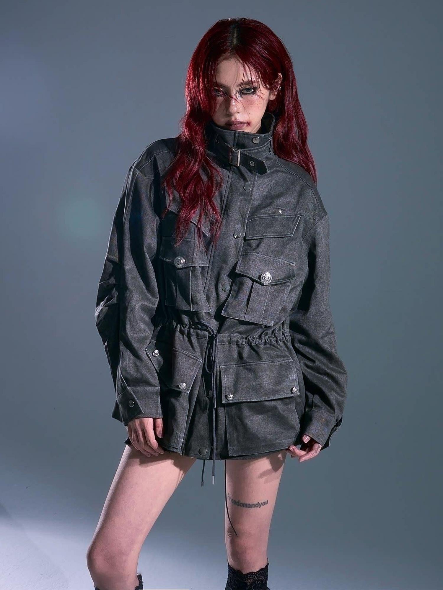 Frustration Garden Warm Vintage Loose Midlength Zip Button Pocket Studs Unisex Gray Casual Jackets