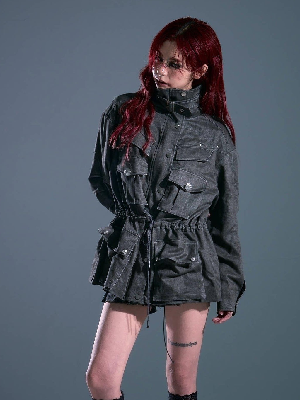 Frustration Garden Warm Vintage Loose Midlength Zip Button Pocket Studs Unisex Gray Casual Jackets