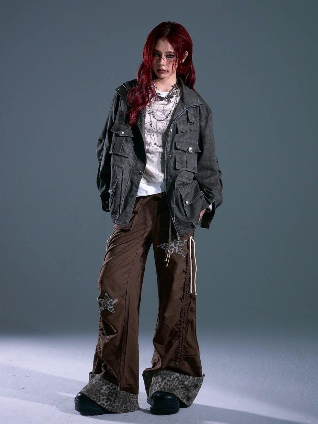 Frustration Garden Warm Vintage Loose Midlength Zip Button Pocket Studs Unisex Gray Casual Jackets
