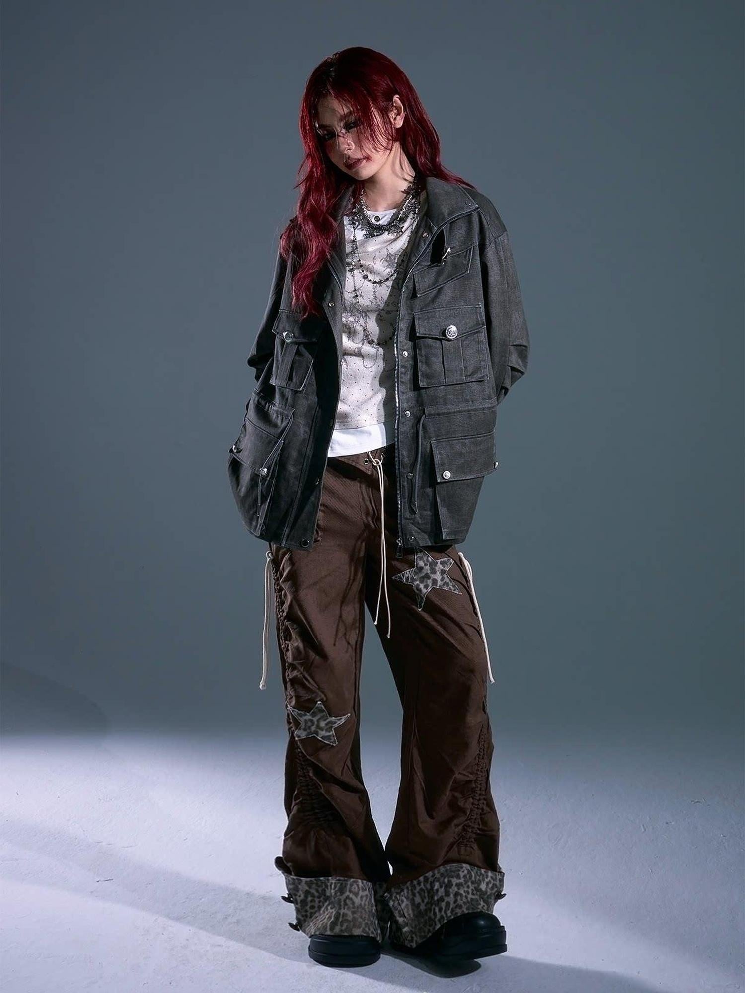 Frustration Garden Warm Vintage Loose Midlength Zip Button Pocket Studs Unisex Gray Casual Jackets