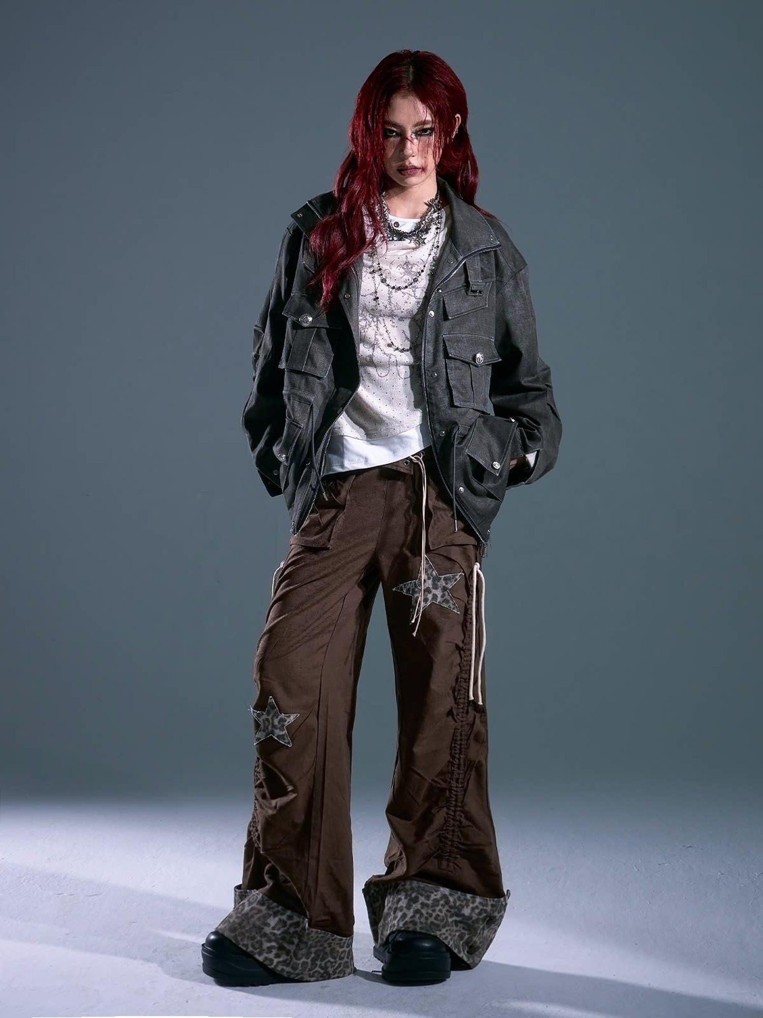 Frustration Garden Warm Vintage Loose Midlength Zip Button Pocket Studs Unisex Gray Casual Jackets