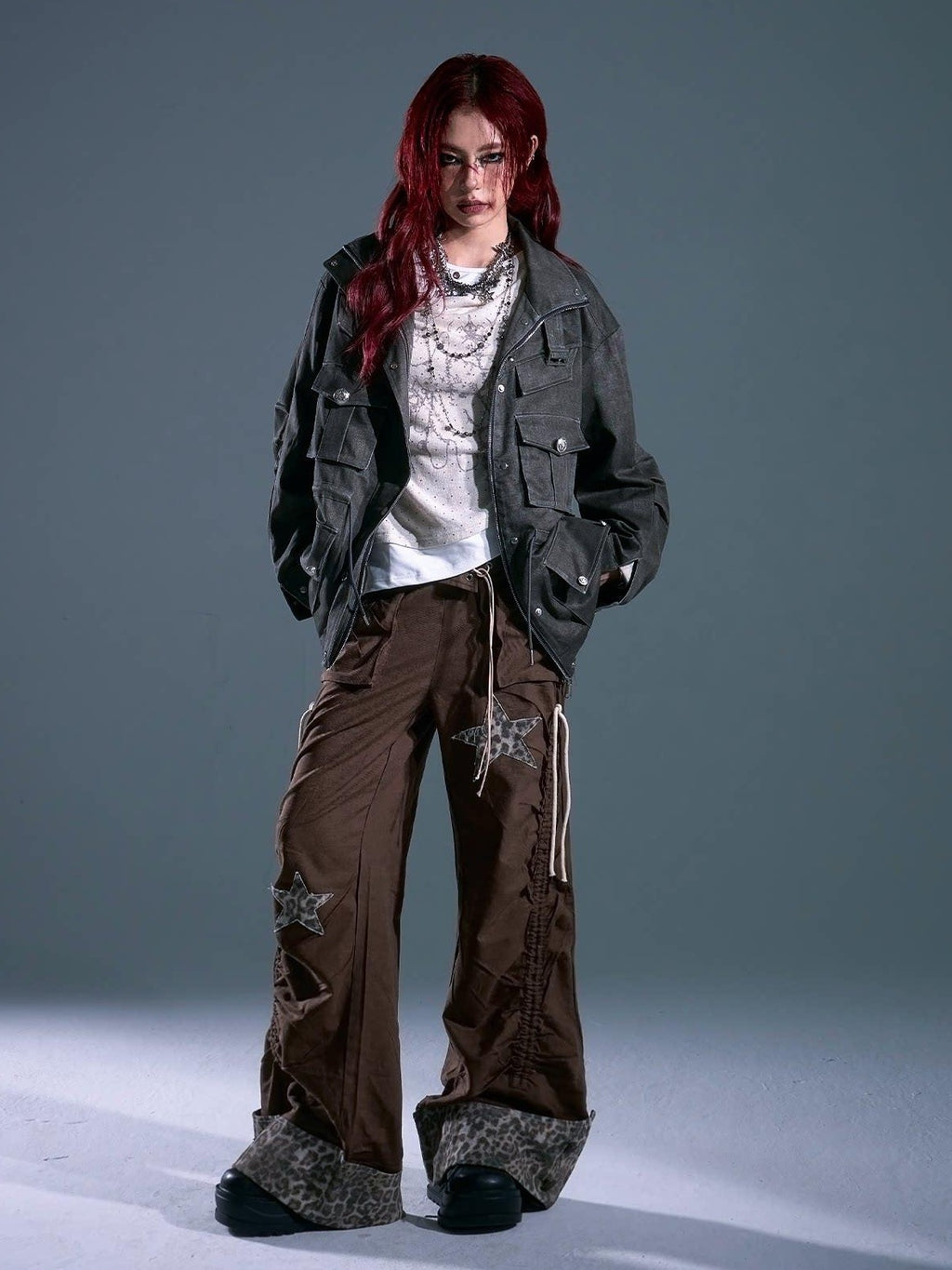 Frustration Garden Warm Vintage Loose Midlength Zip Button Pocket Studs Unisex Gray Casual Jackets