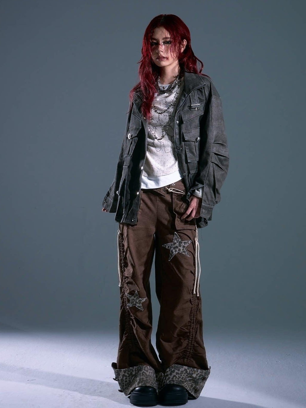 Frustration Garden Warm Vintage Loose Midlength Zip Button Pocket Studs Unisex Gray Casual Jackets