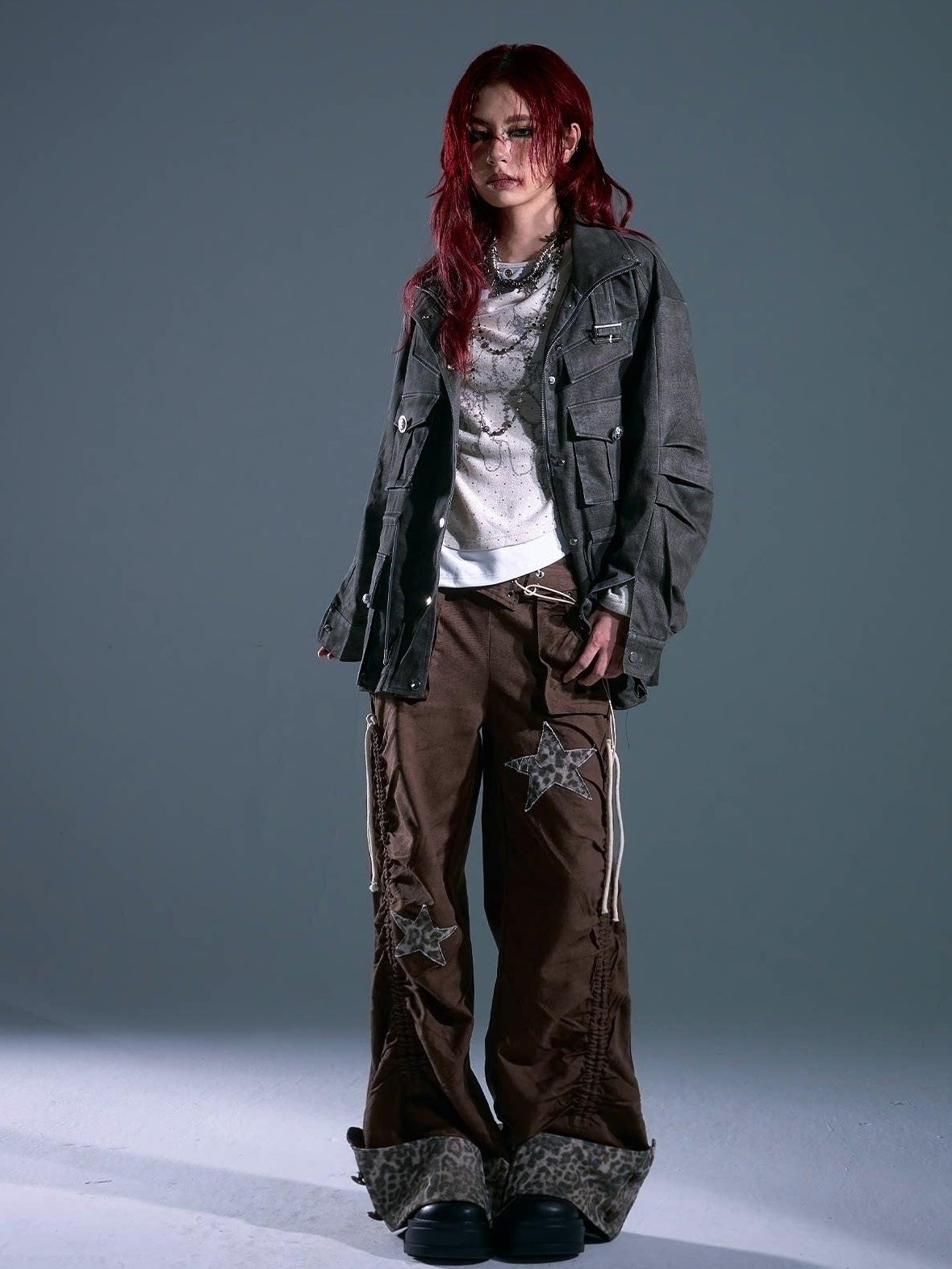 Frustration Garden Warm Vintage Loose Midlength Zip Button Pocket Studs Unisex Gray Casual Jackets