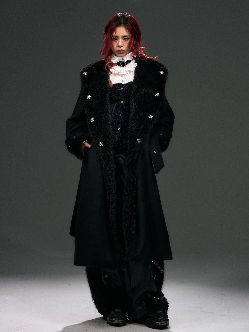 Frustration Garden Warm Wool Blend Fur Collar Regal Loose Fit Black Casual Party Commute Long Coats