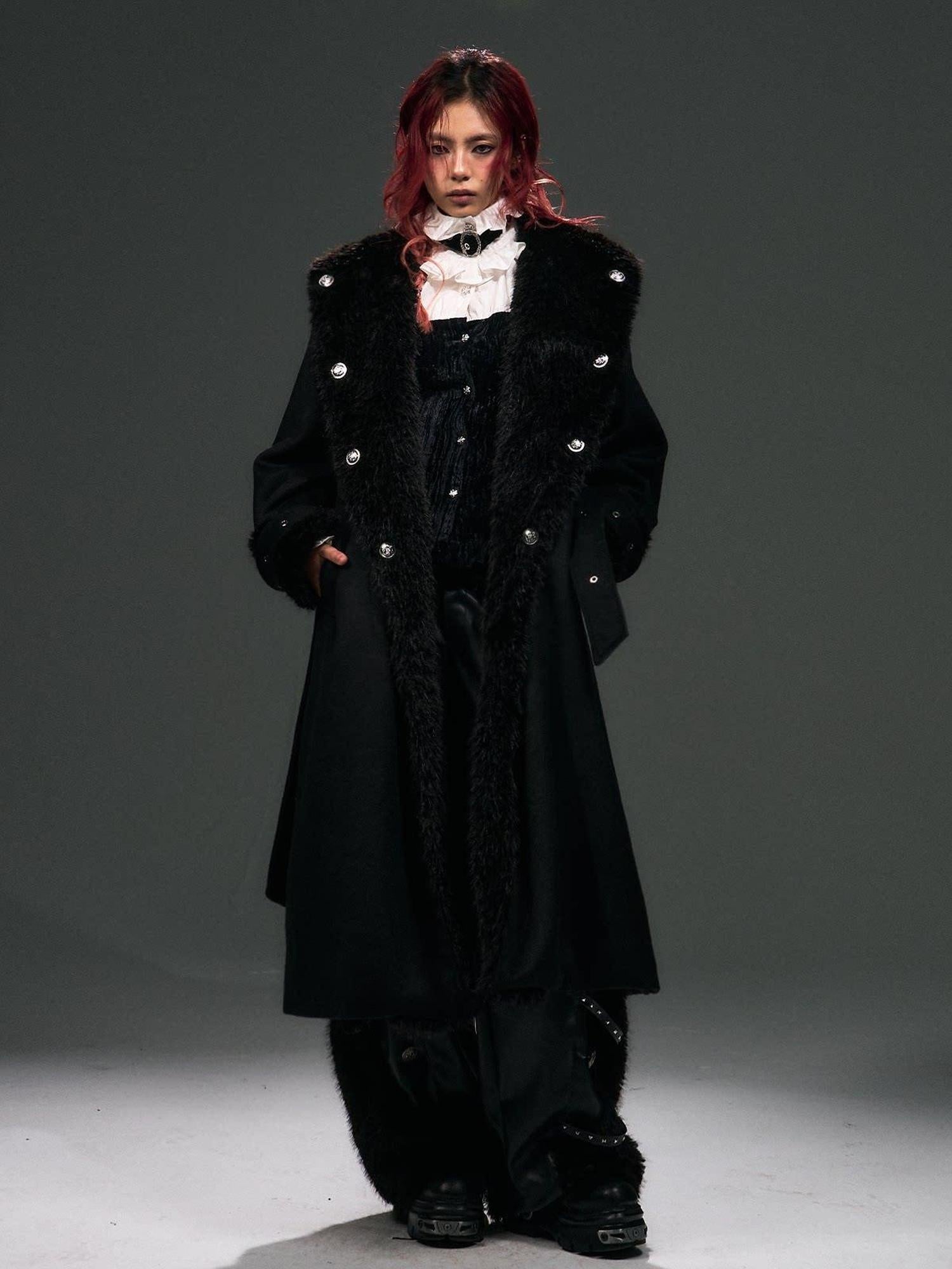 Frustration Garden Warm Wool Blend Fur Collar Regal Loose Fit Black Casual Party Commute Long Coats