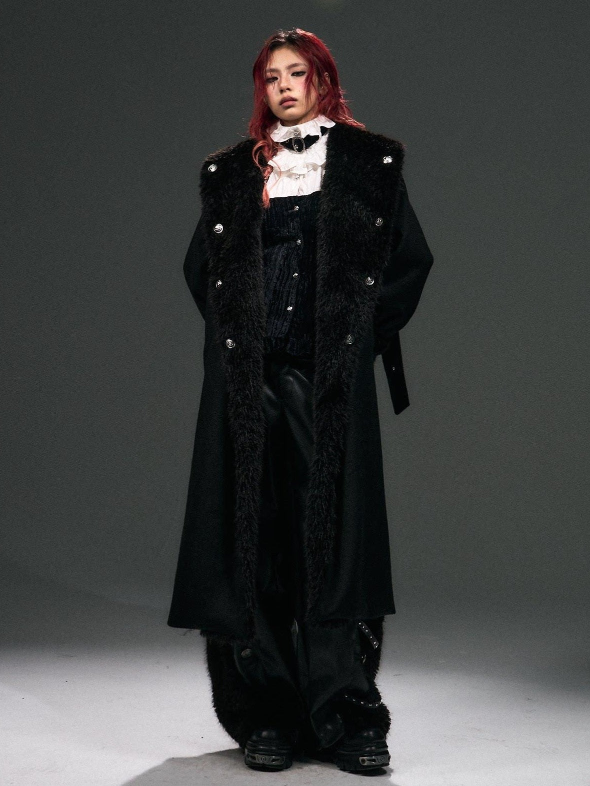 Frustration Garden Warm Wool Blend Fur Collar Regal Loose Fit Black Casual Party Commute Long Coats