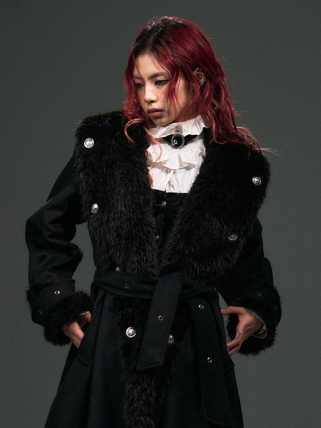 Frustration Garden Warm Wool Blend Fur Collar Regal Loose Fit Black Casual Party Commute Long Coats
