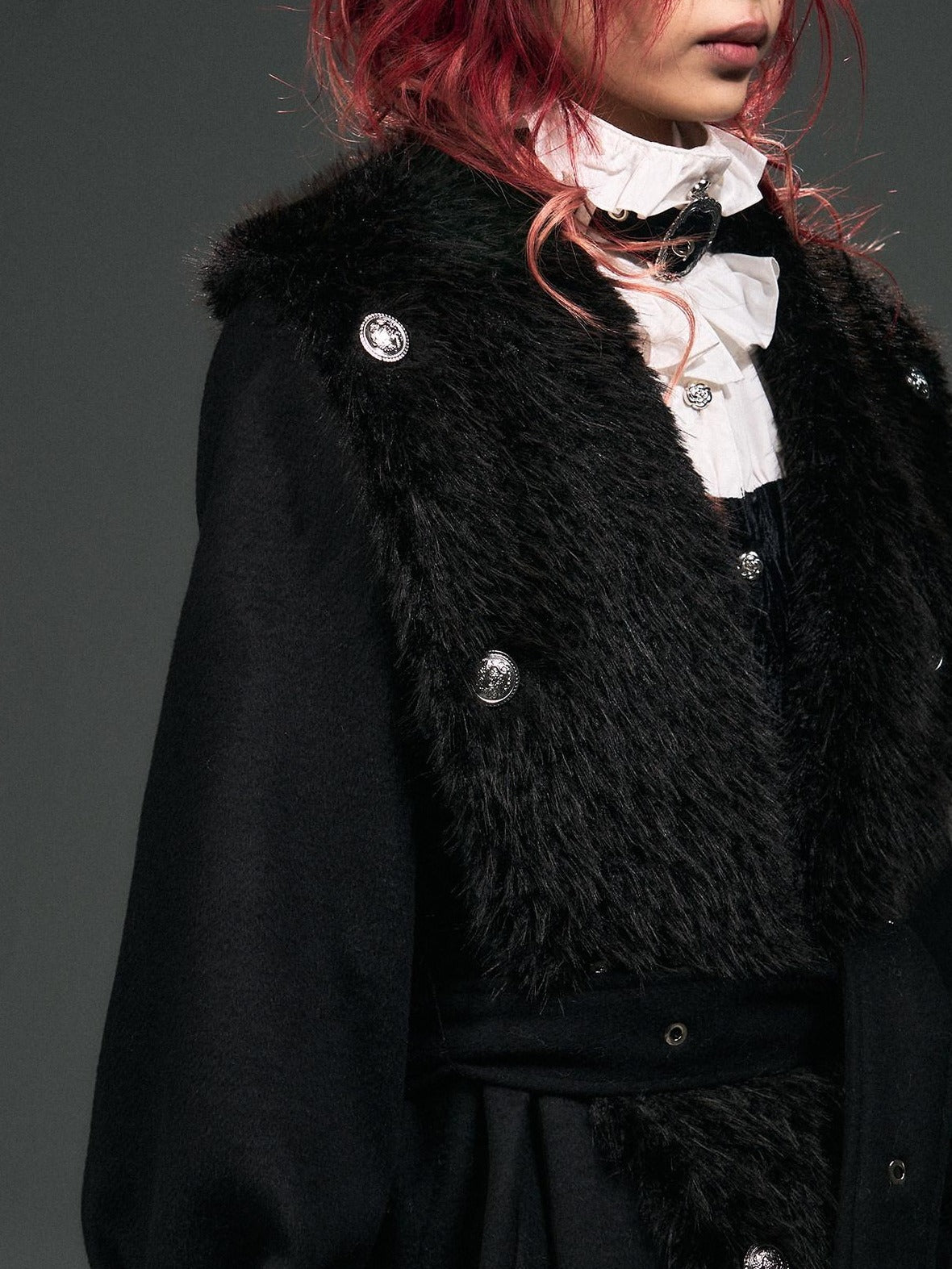 Frustration Garden Warm Wool Blend Fur Collar Regal Loose Fit Black Casual Party Commute Long Coats