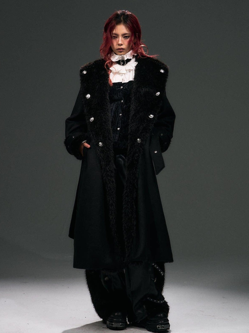 Frustration Garden Warm Wool Blend Fur Collar Regal Loose Fit Black Casual Party Commute Long Coats