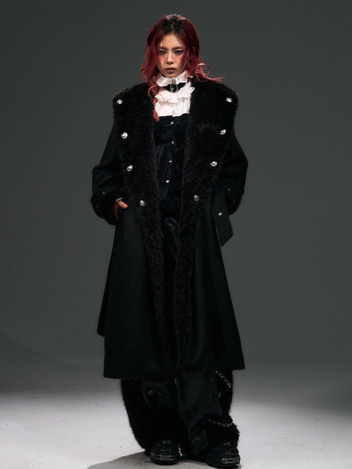Frustration Garden Warm Wool Blend Fur Collar Regal Loose Fit Black Casual Party Commute Long Coats