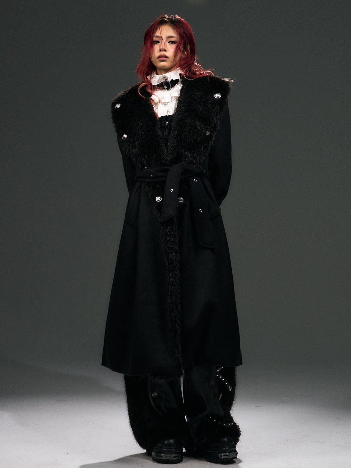 Frustration Garden Warm Wool Blend Fur Collar Regal Loose Fit Black Casual Party Commute Long Coats