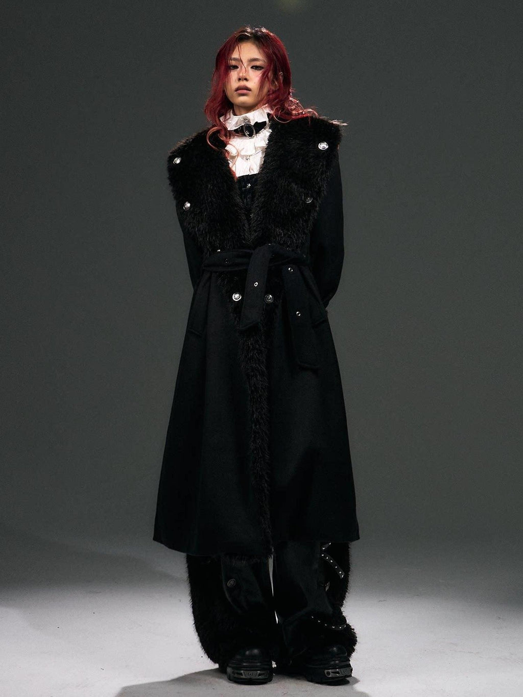 Frustration Garden Warm Wool Blend Fur Collar Regal Loose Fit Black Casual Party Commute Long Coats