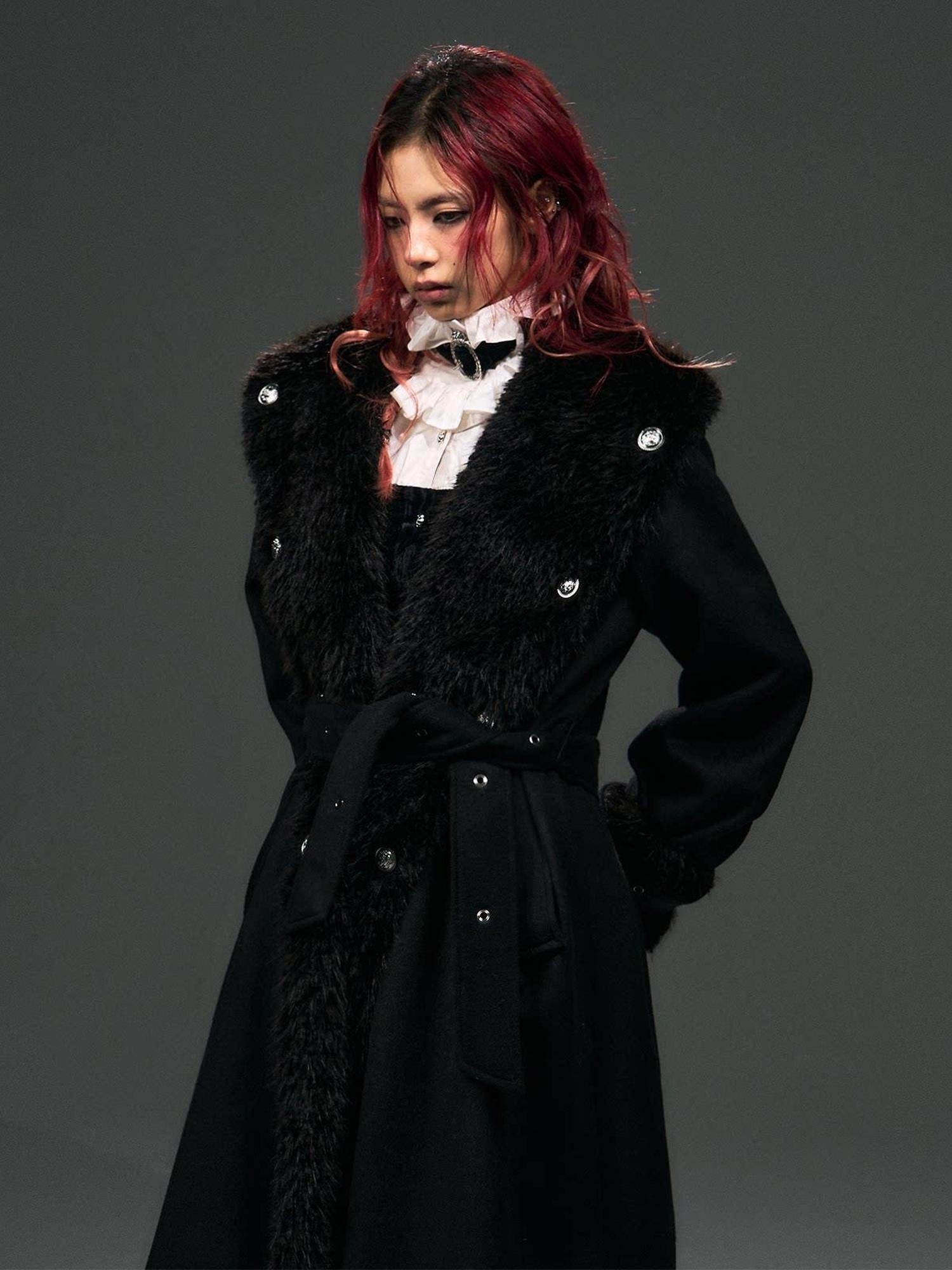 Frustration Garden Warm Wool Blend Fur Collar Regal Loose Fit Black Casual Party Commute Long Coats