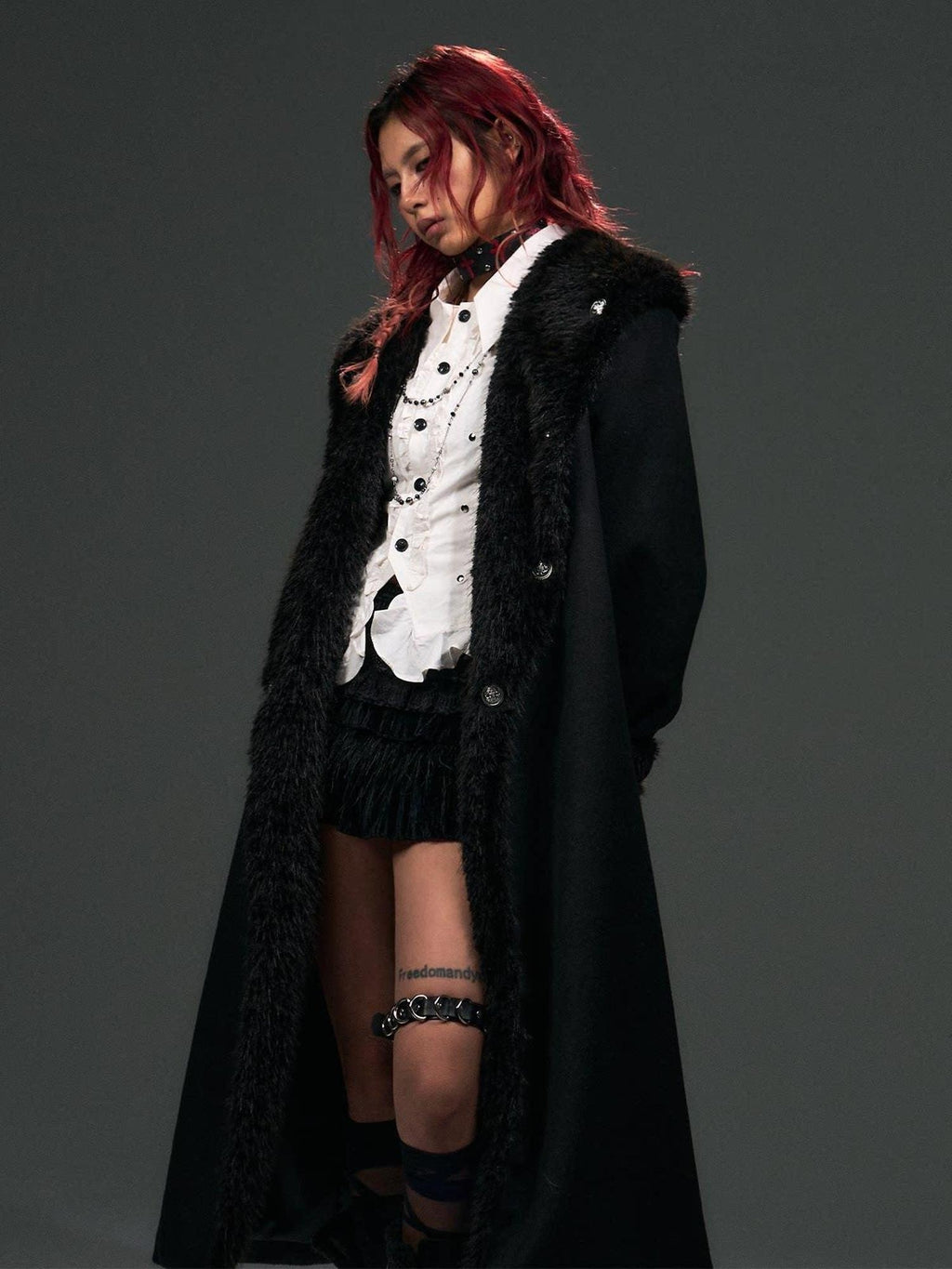 Frustration Garden Warm Wool Blend Fur Collar Regal Loose Fit Black Casual Party Commute Long Coats