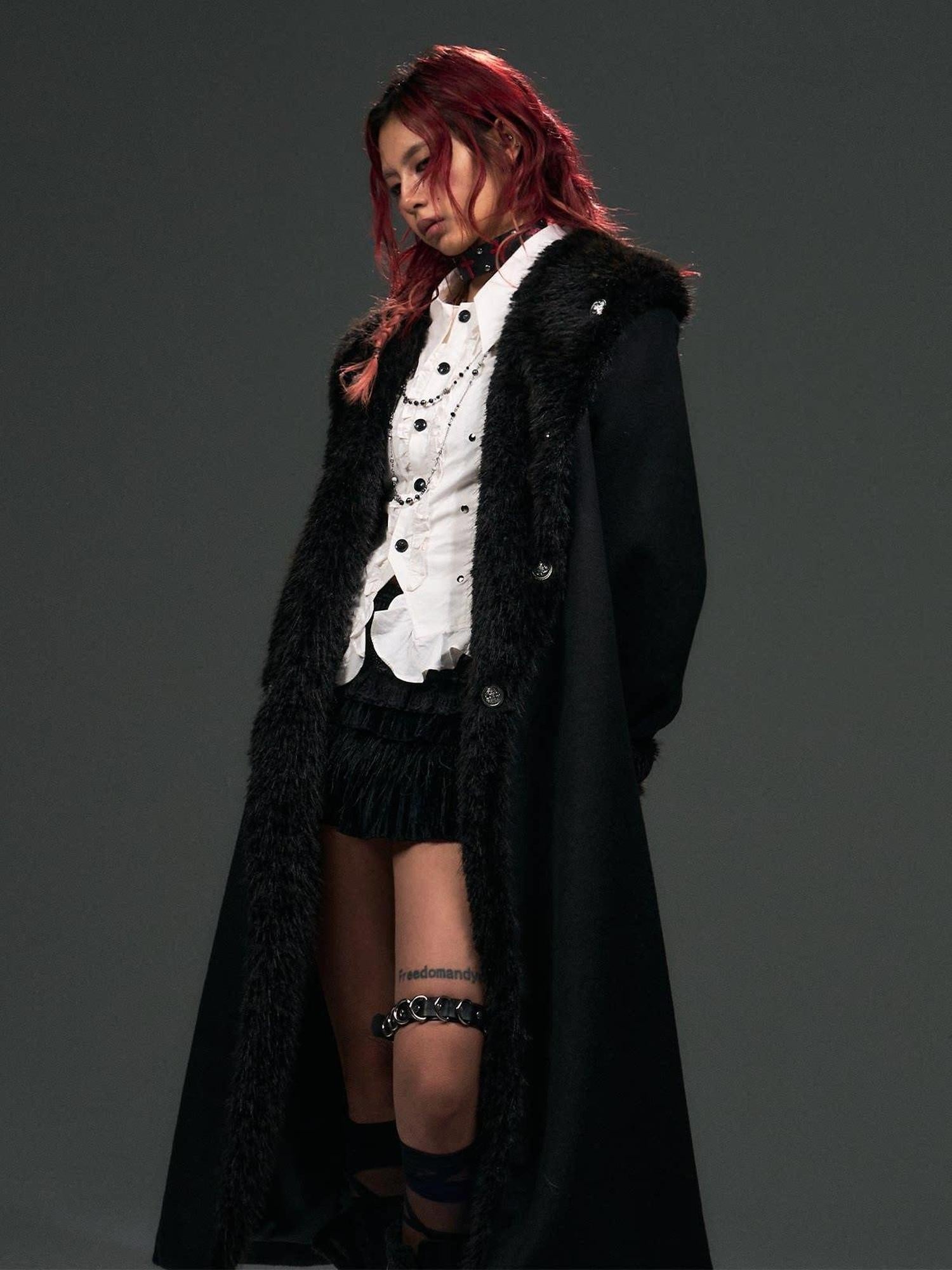 Frustration Garden Warm Wool Blend Fur Collar Regal Loose Fit Black Casual Party Commute Long Coats