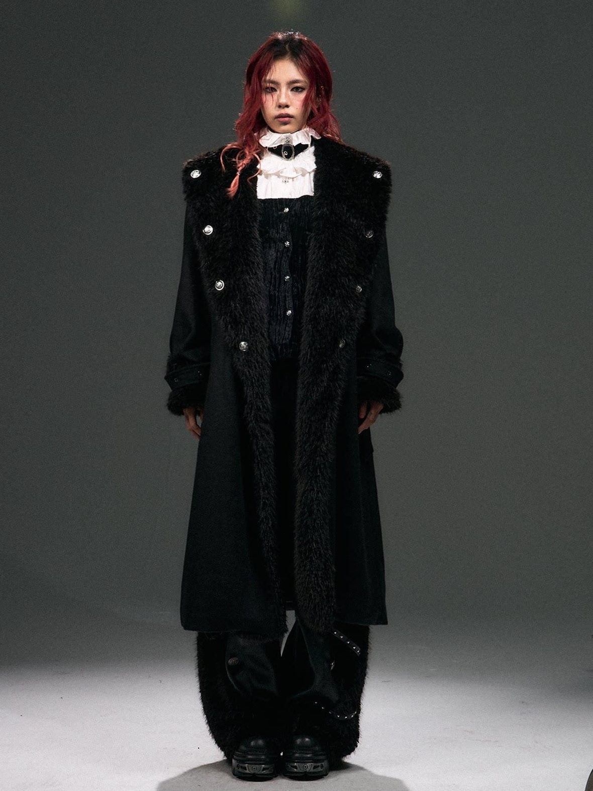 Frustration Garden Warm Wool Blend Fur Collar Regal Loose Fit Black Casual Party Commute Long Coats