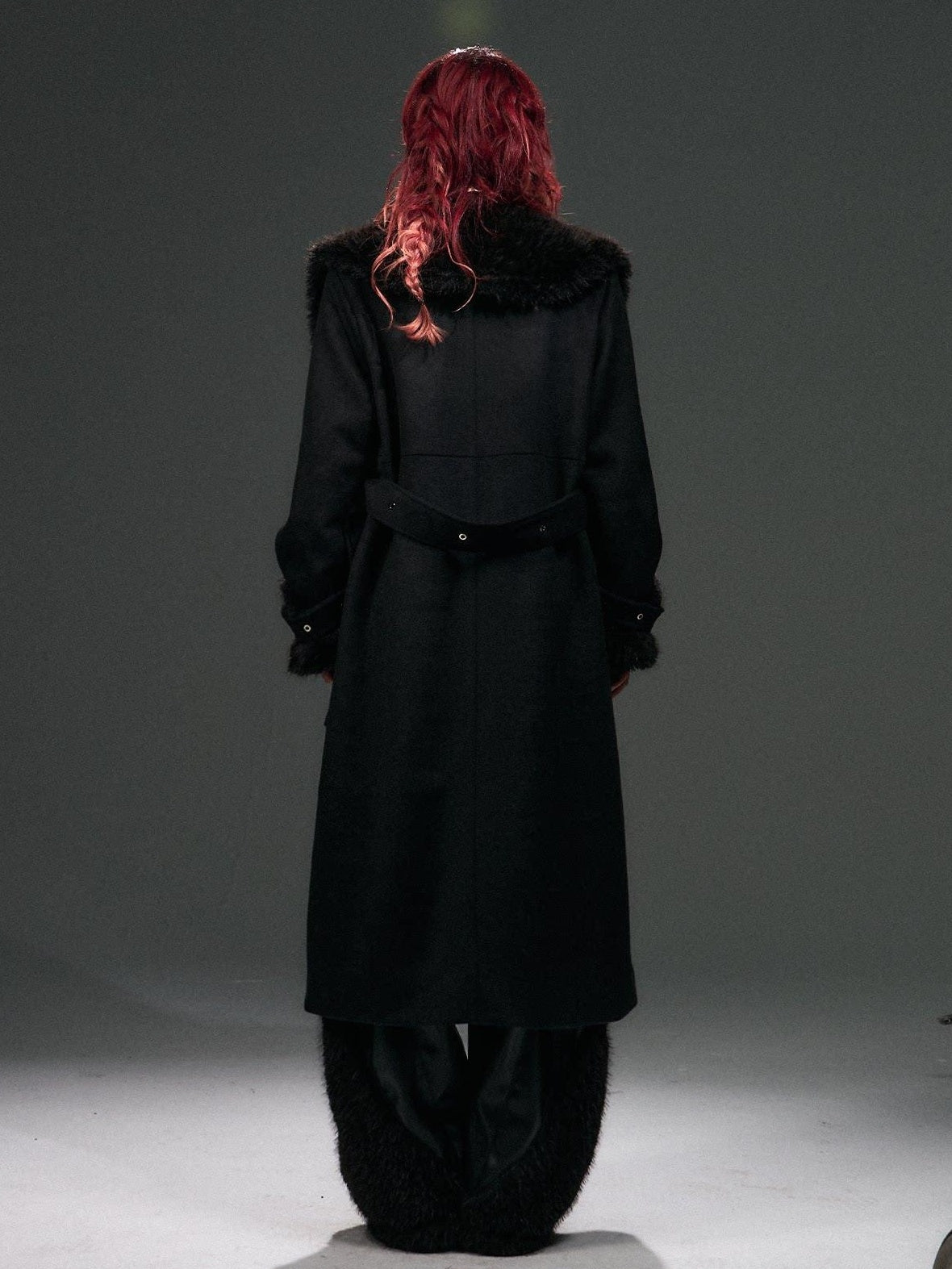 Frustration Garden Warm Wool Blend Fur Collar Regal Loose Fit Black Casual Party Commute Long Coats