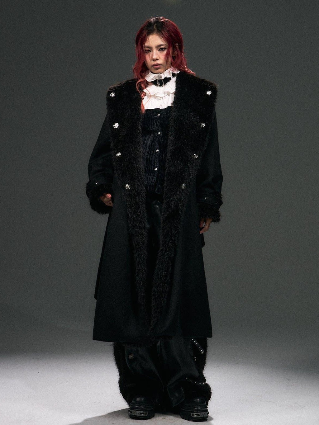 Frustration Garden Warm Wool Blend Fur Collar Regal Loose Fit Black Casual Party Commute Long Coats