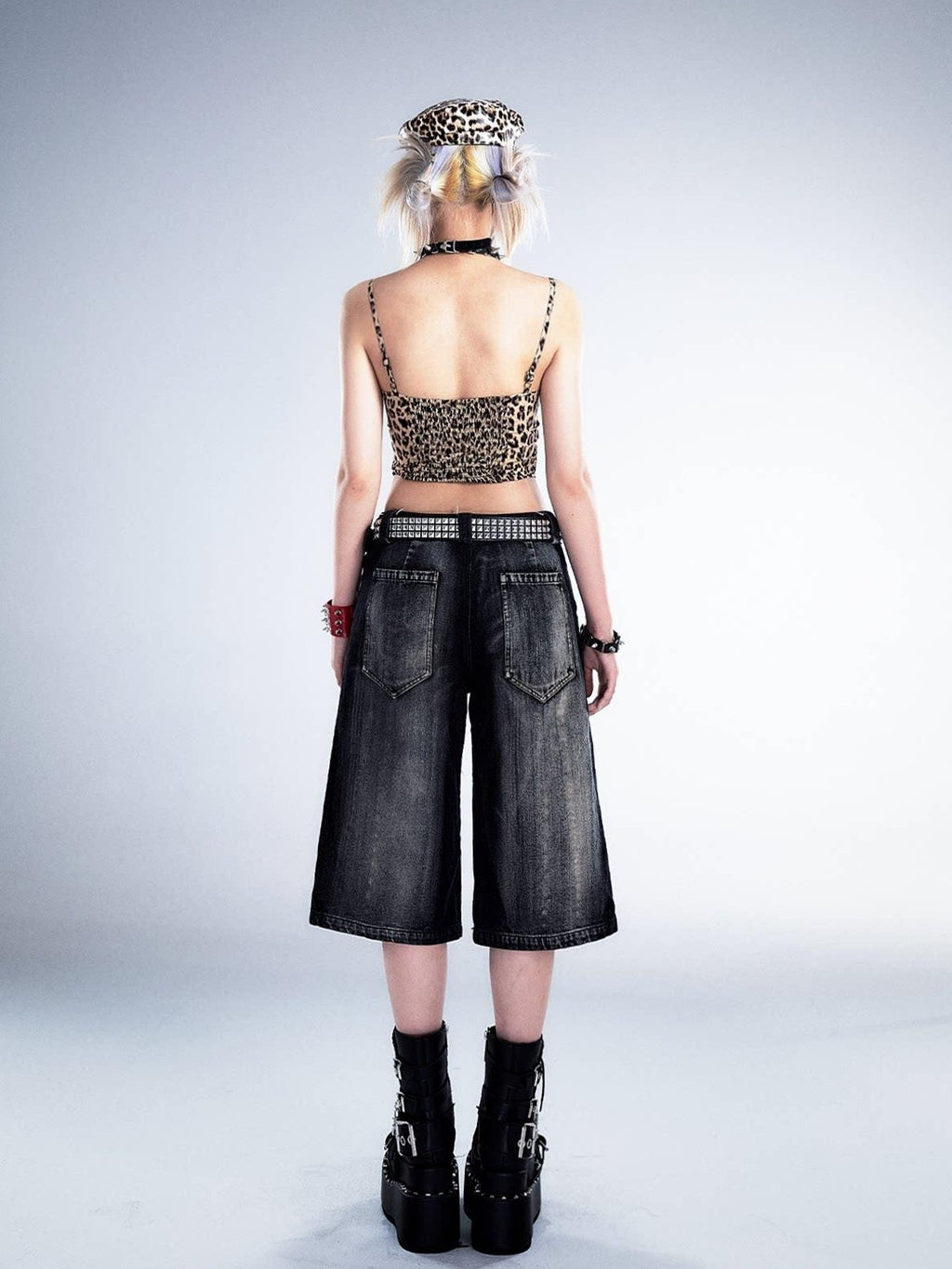 Frustration Garden Washed Black Punk Loose Natural Waist Zipper Women High Cotton Denim Shorts