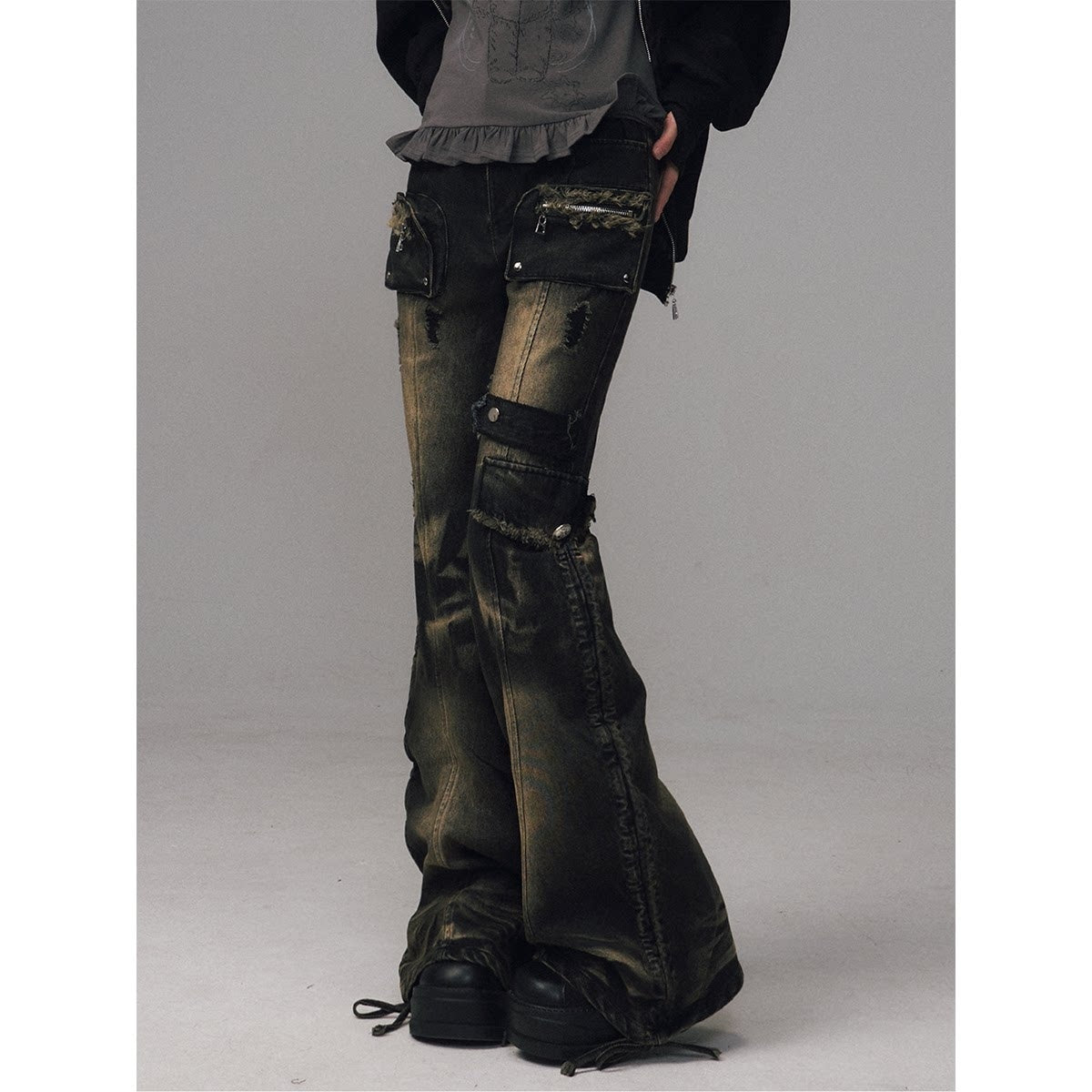 Frustration_Garden_Washed_Low_Rise_Punk_Micro_Flare_Pocket_Women_Daily_Black_Denim_Flare_Jeans_MISSTT