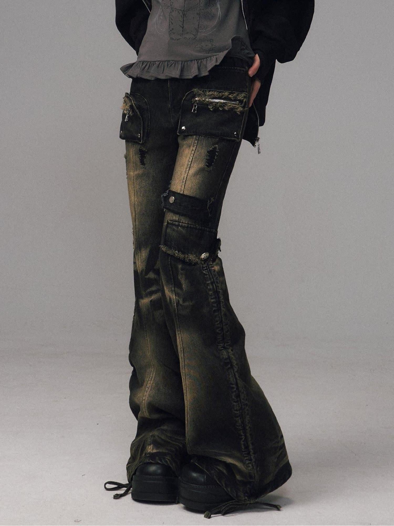 Frustration Garden Washed Low Rise Punk Micro Flare Pocket Women Daily Black Denim Flare Jeans