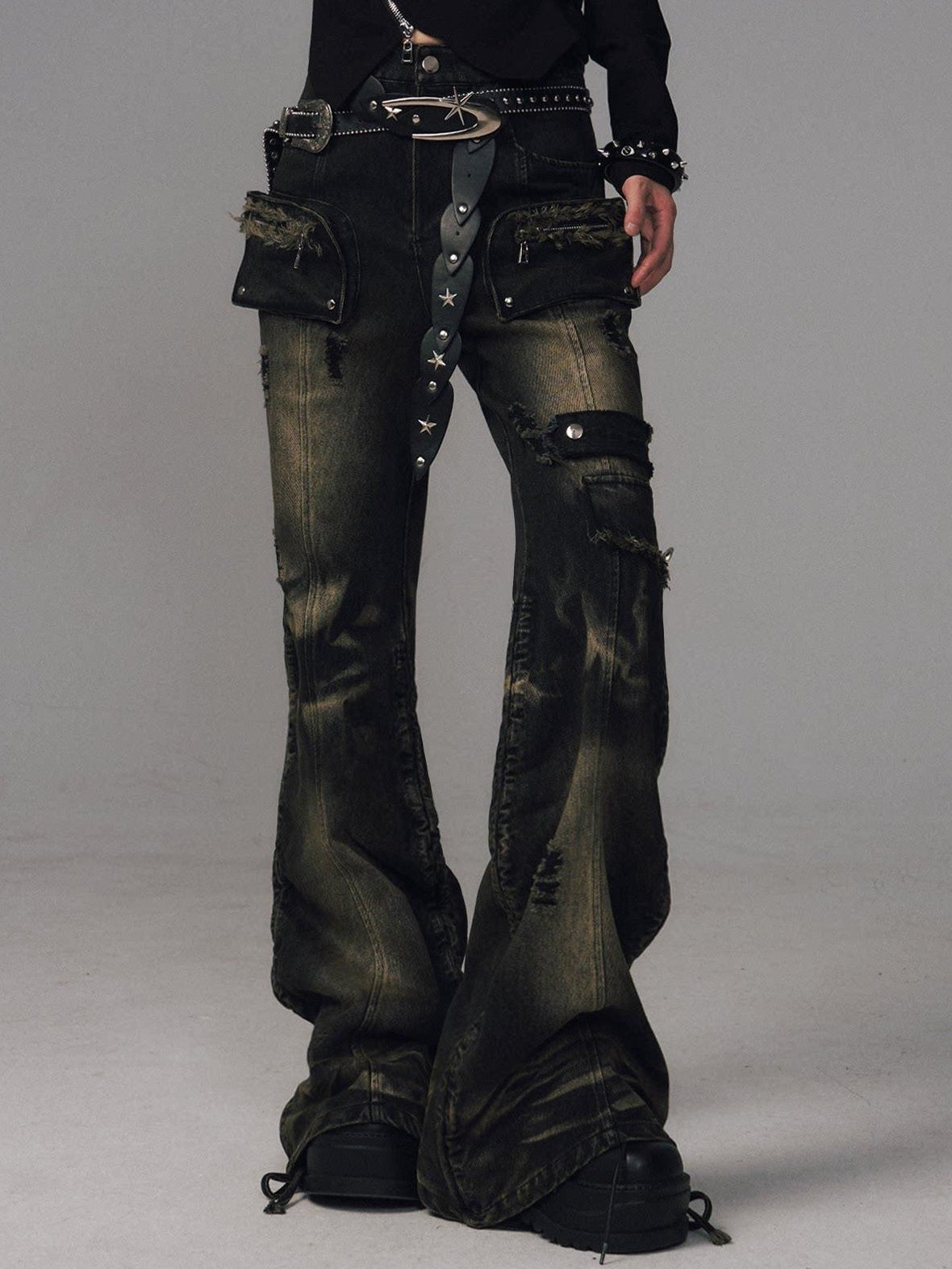 Frustration Garden Washed Low Rise Punk Micro Flare Pocket Women Daily Black Denim Flare Jeans