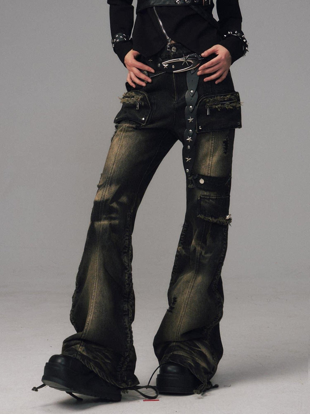 Frustration Garden Washed Low Rise Punk Micro Flare Pocket Women Daily Black Denim Flare Jeans