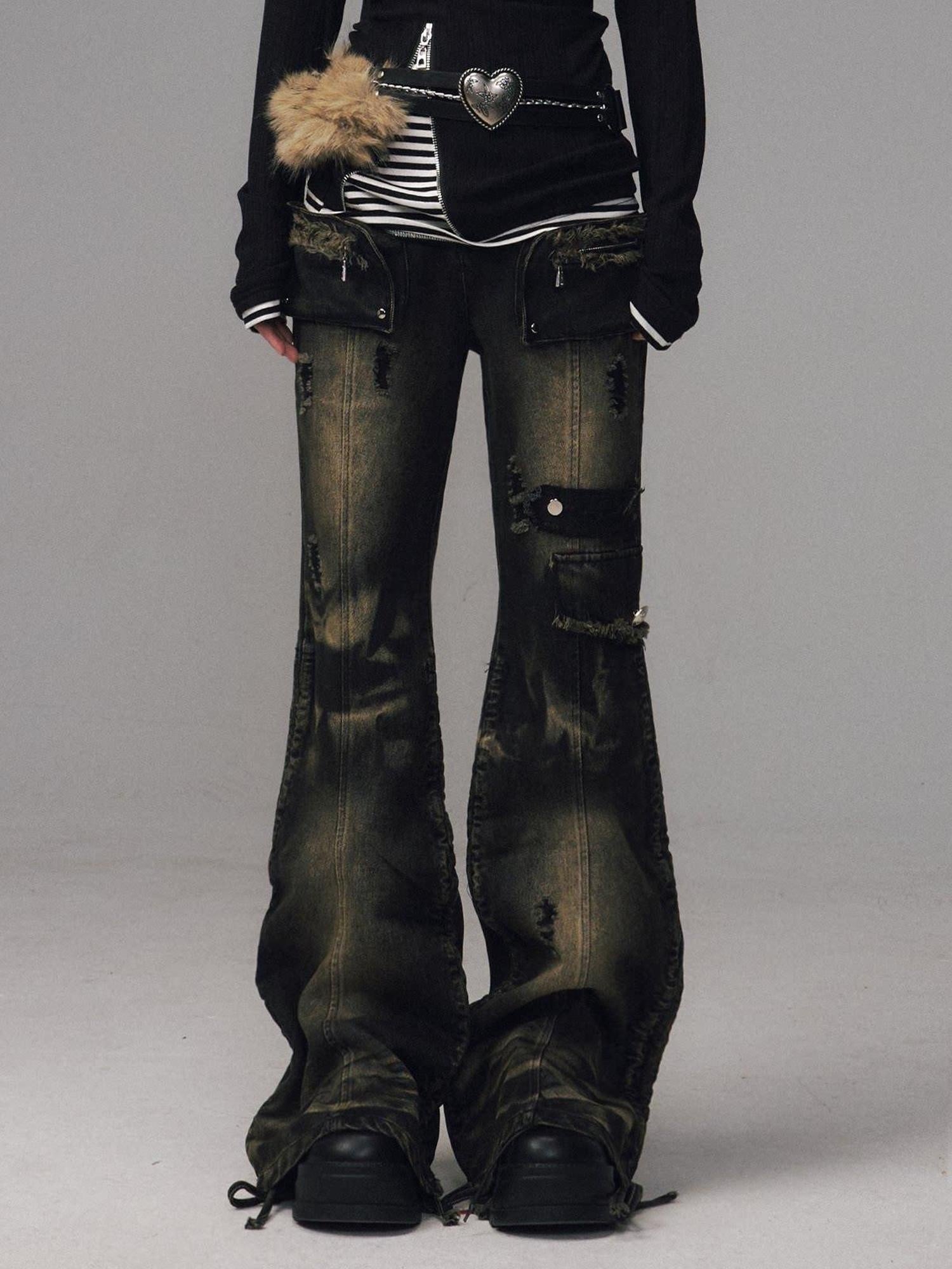 Frustration Garden Washed Low Rise Punk Micro Flare Pocket Women Daily Black Denim Flare Jeans