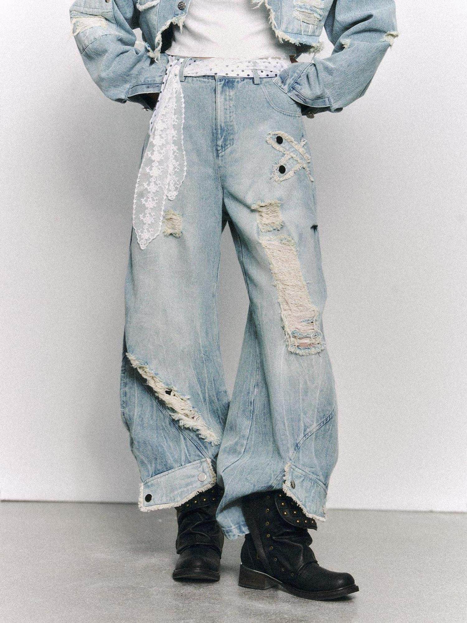 Frustration Garden Washed Low Rise Ripped Detail Mid Weight Light Blue Denim Women Wide-Leg Jeans