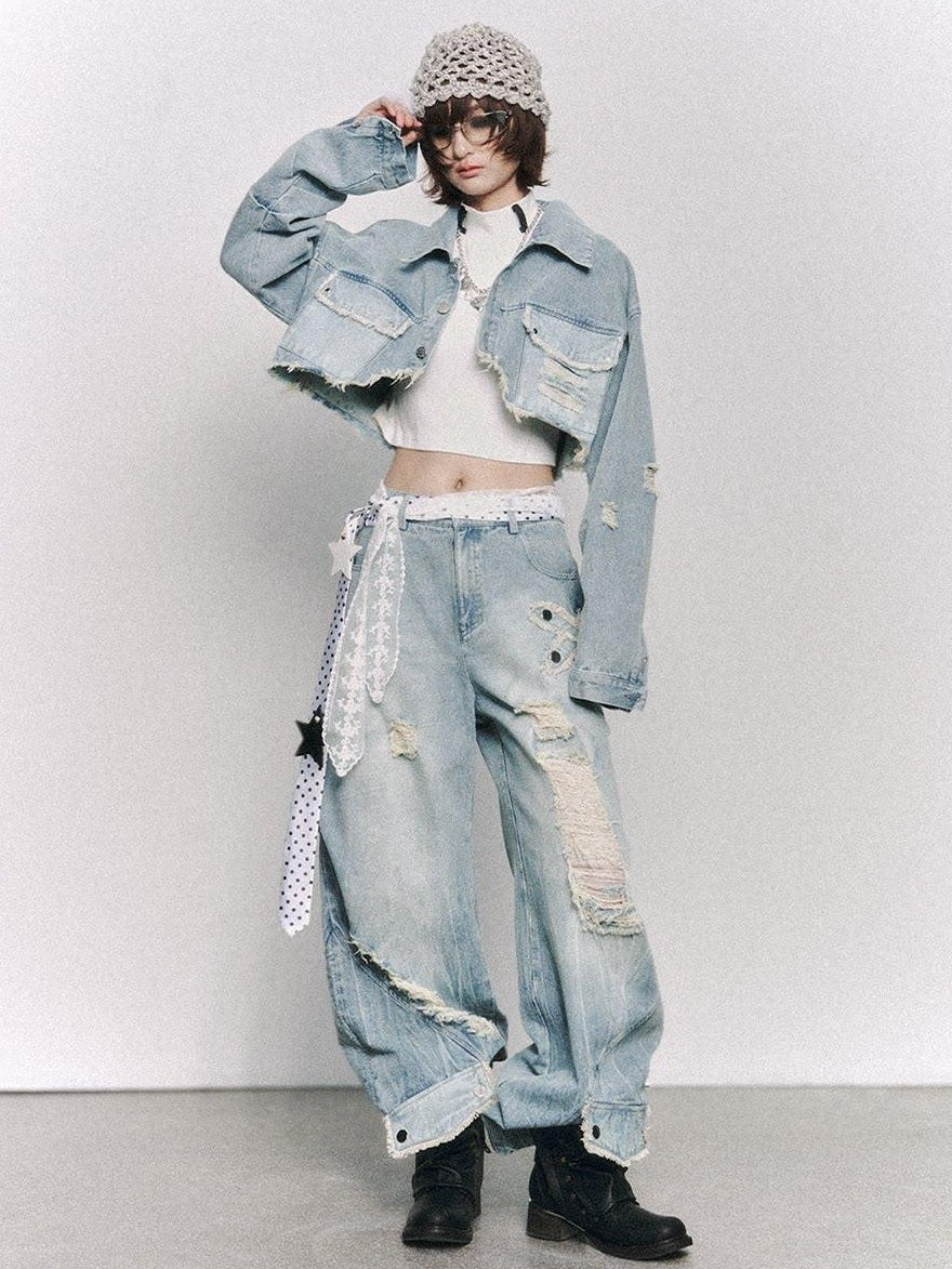 Frustration Garden Washed Low Rise Ripped Detail Mid Weight Light Blue Denim Women Wide-Leg Jeans