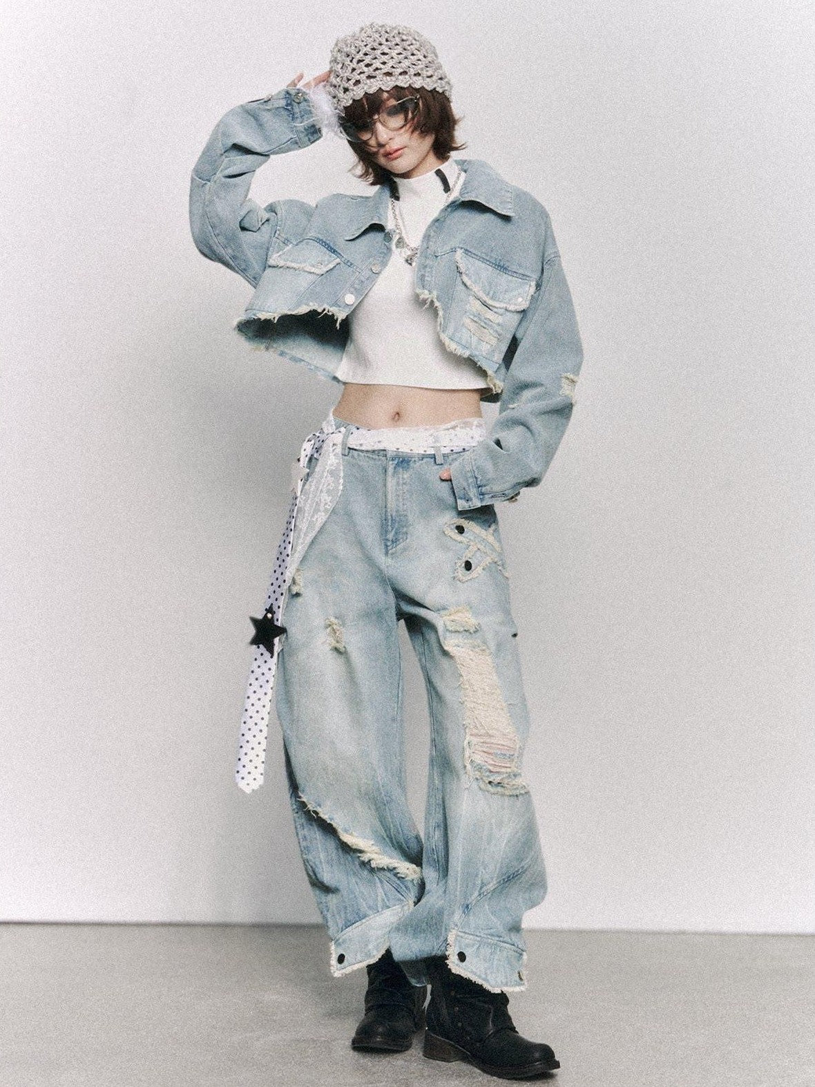 Frustration Garden Washed Low Rise Ripped Detail Mid Weight Light Blue Denim Women Wide-Leg Jeans