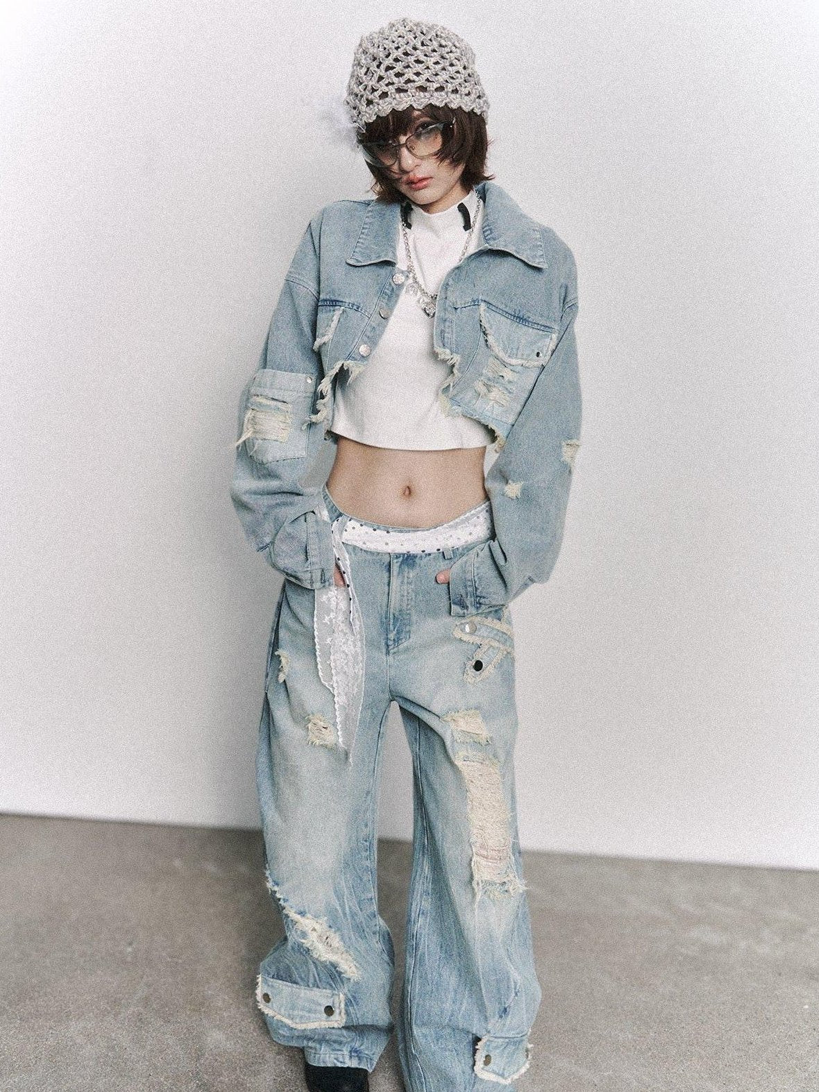 Frustration Garden Washed Low Rise Ripped Detail Mid Weight Light Blue Denim Women Wide-Leg Jeans