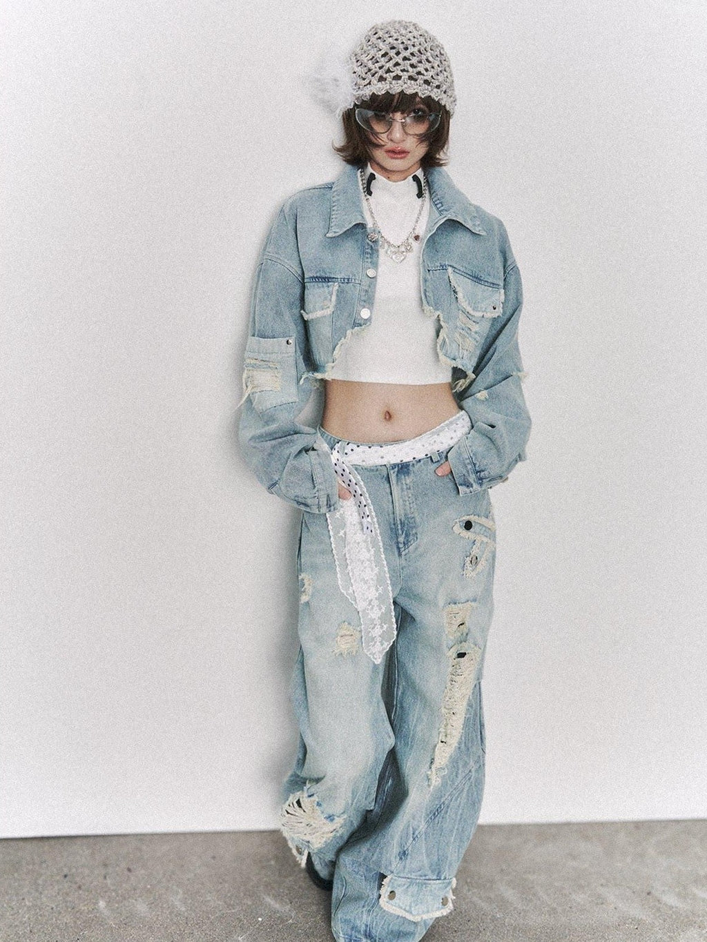 Frustration Garden Washed Low Rise Ripped Detail Mid Weight Light Blue Denim Women Wide-Leg Jeans