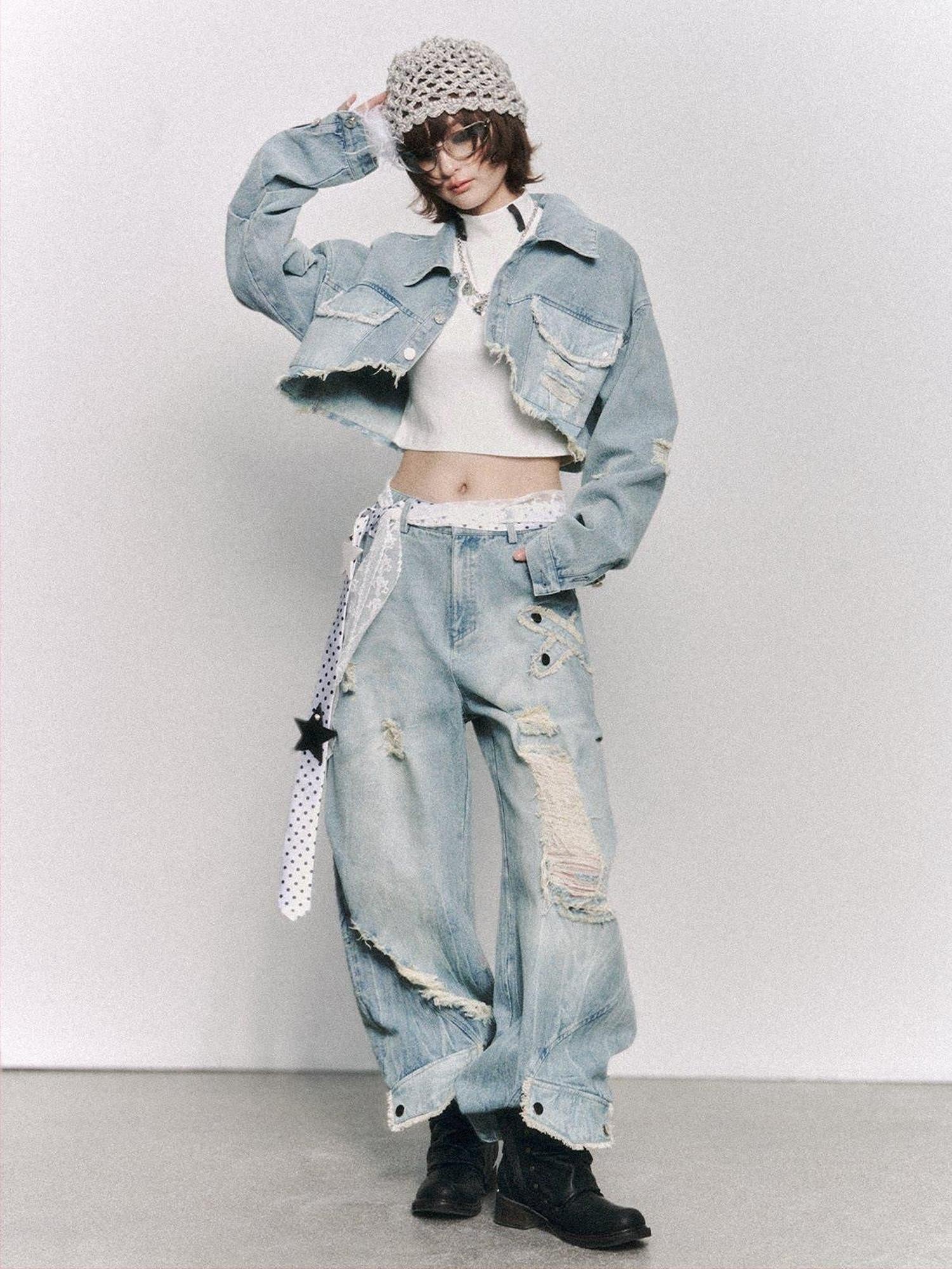 Frustration Garden Washed Low Rise Ripped Detail Mid Weight Light Blue Denim Women Wide-Leg Jeans