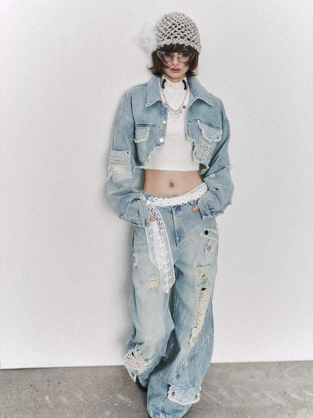 Frustration Garden Washed Low Rise Ripped Detail Mid Weight Light Blue Denim Women Wide-Leg Jeans