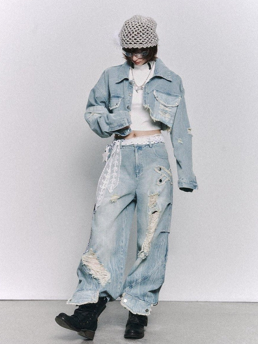 Frustration Garden Washed Low Rise Ripped Detail Mid Weight Light Blue Denim Women Wide-Leg Jeans
