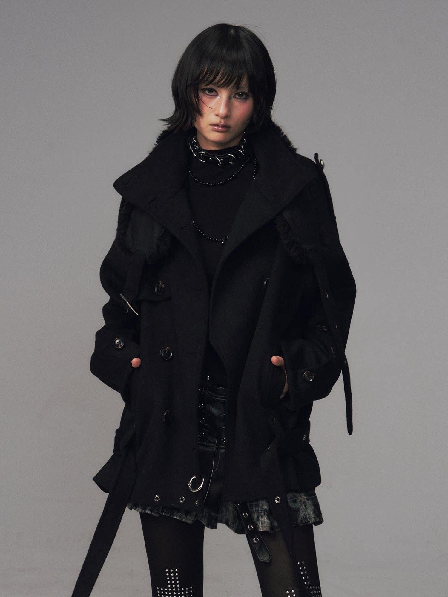 Frustration Garden Wool Blend Asymmetrical Double Breasted Loose Fit Commuter Black Short Coats