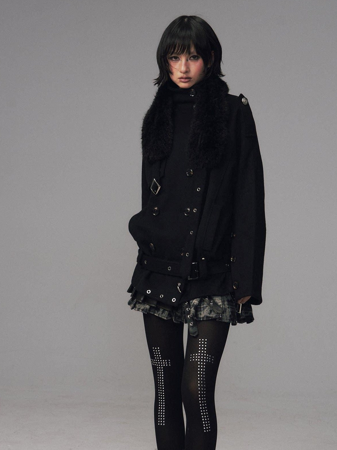 Frustration Garden Wool Blend Asymmetrical Double Breasted Loose Fit Commuter Black Short Coats