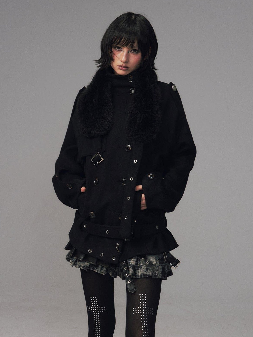 Frustration Garden Wool Blend Asymmetrical Double Breasted Loose Fit Commuter Black Short Coats