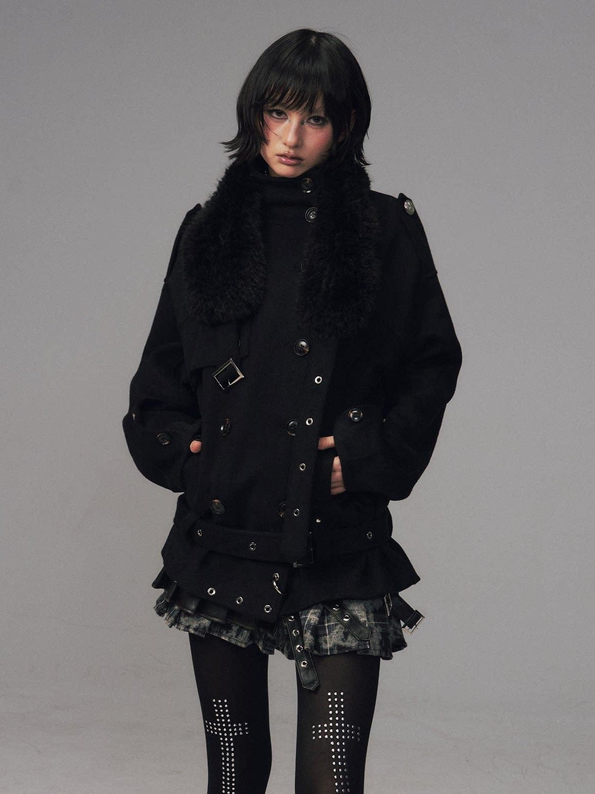 Frustration Garden Wool Blend Asymmetrical Double Breasted Loose Fit Commuter Black Short Coats