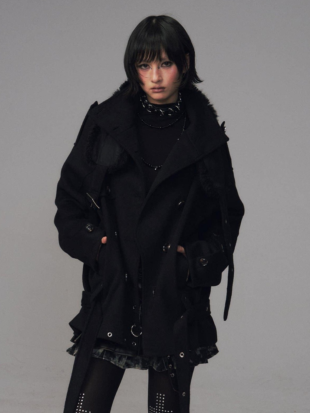 Frustration Garden Wool Blend Asymmetrical Double Breasted Loose Fit Commuter Black Short Coats