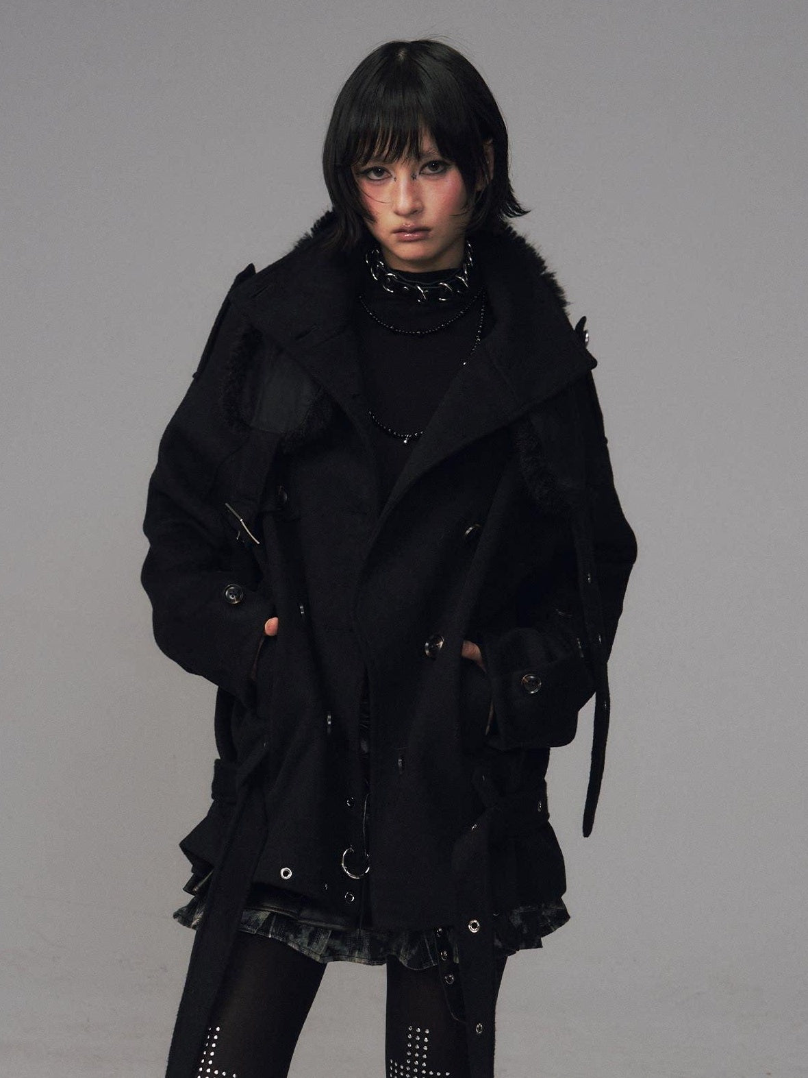 Frustration Garden Wool Blend Asymmetrical Double Breasted Loose Fit Commuter Black Short Coats