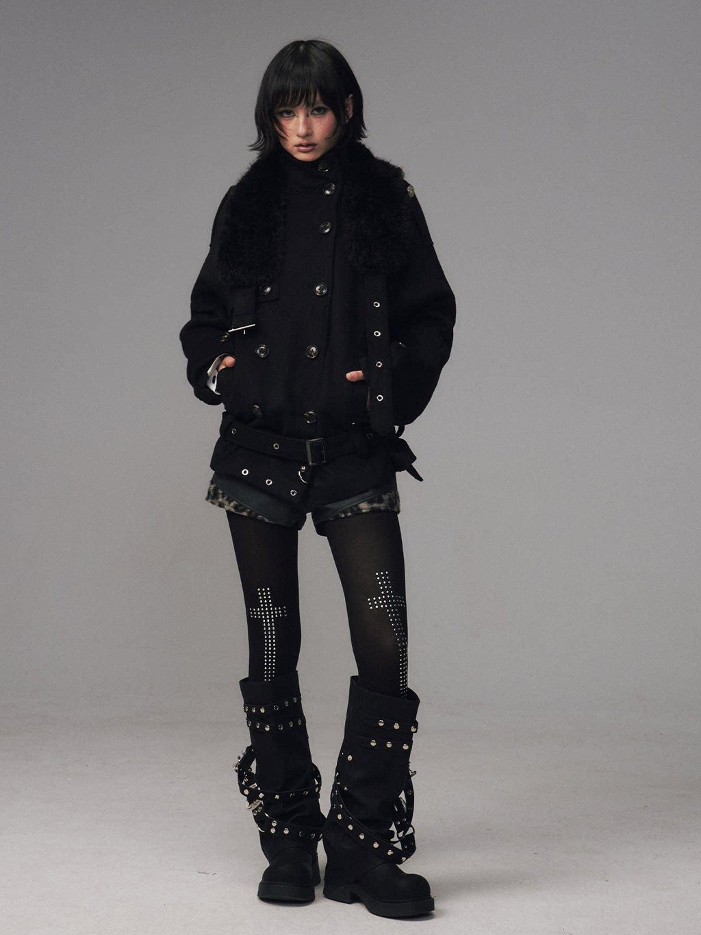 Frustration Garden Wool Blend Asymmetrical Double Breasted Loose Fit Commuter Black Short Coats