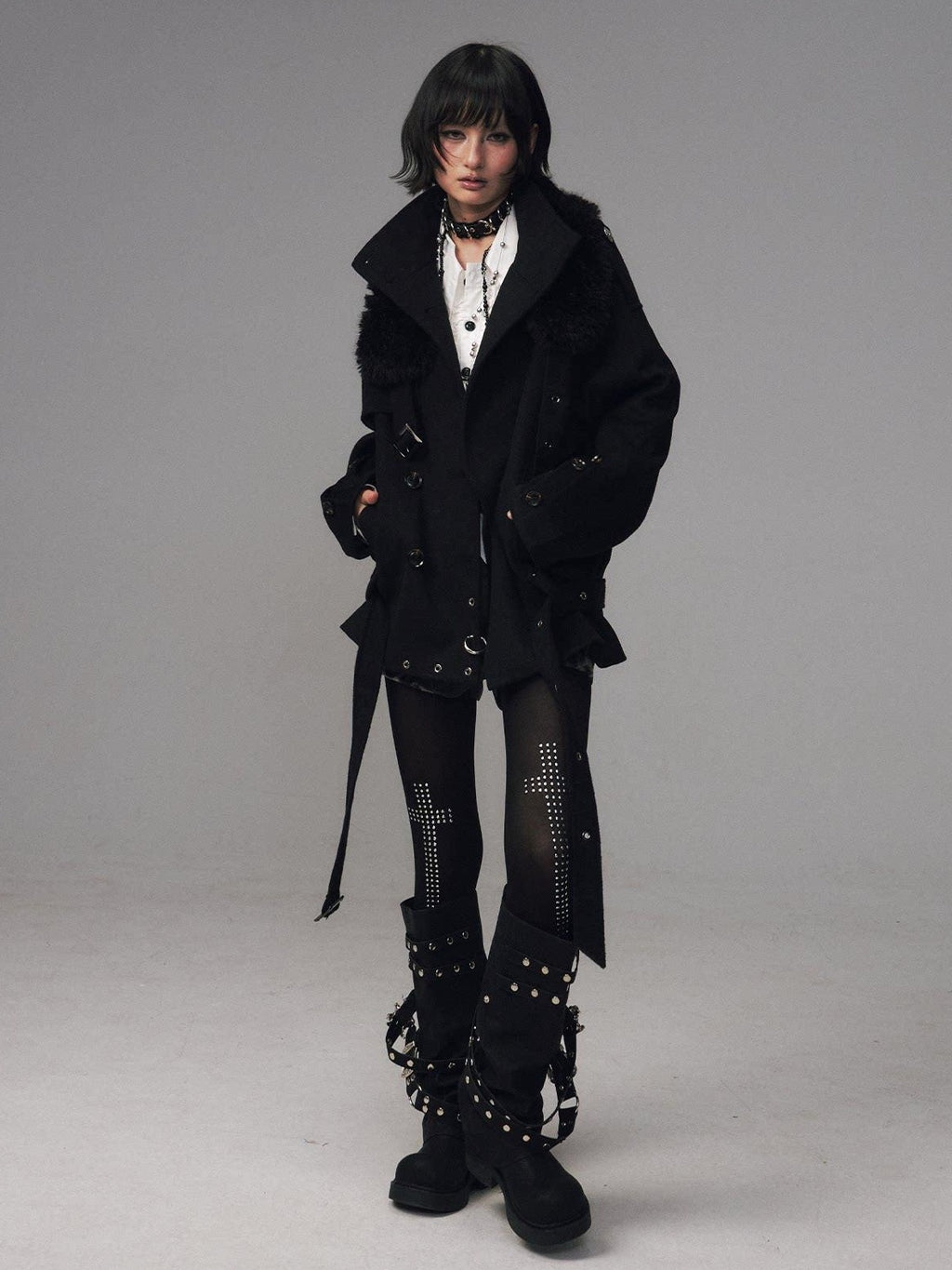 Frustration Garden Wool Blend Asymmetrical Double Breasted Loose Fit Commuter Black Short Coats