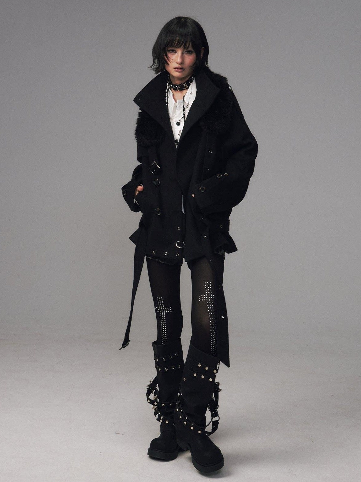 Frustration Garden Wool Blend Asymmetrical Double Breasted Loose Fit Commuter Black Short Coats