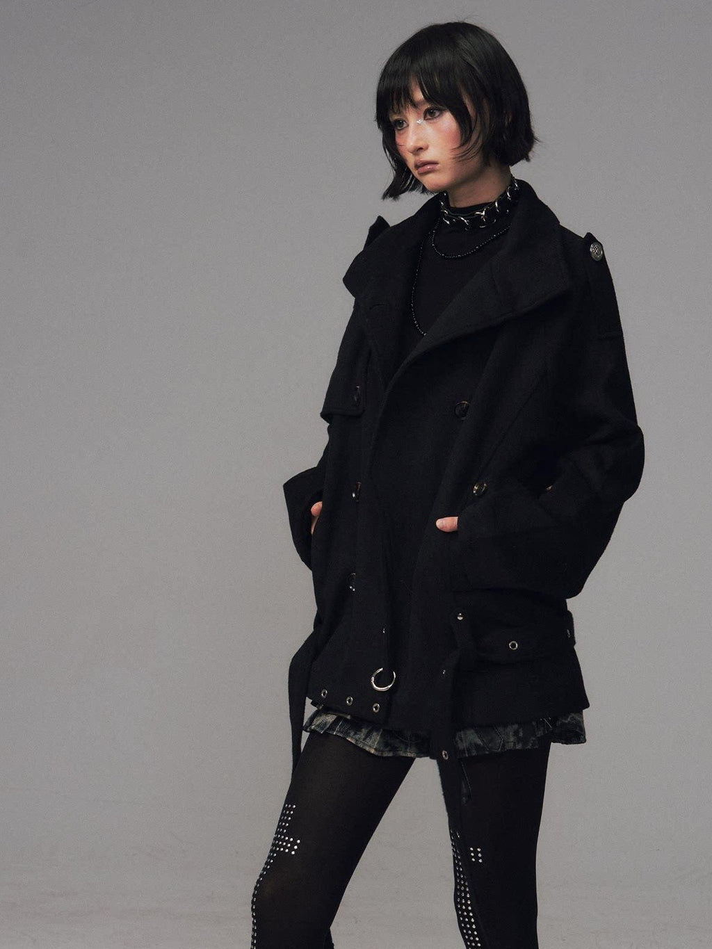 Frustration Garden Wool Blend Asymmetrical Double Breasted Loose Fit Commuter Black Short Coats