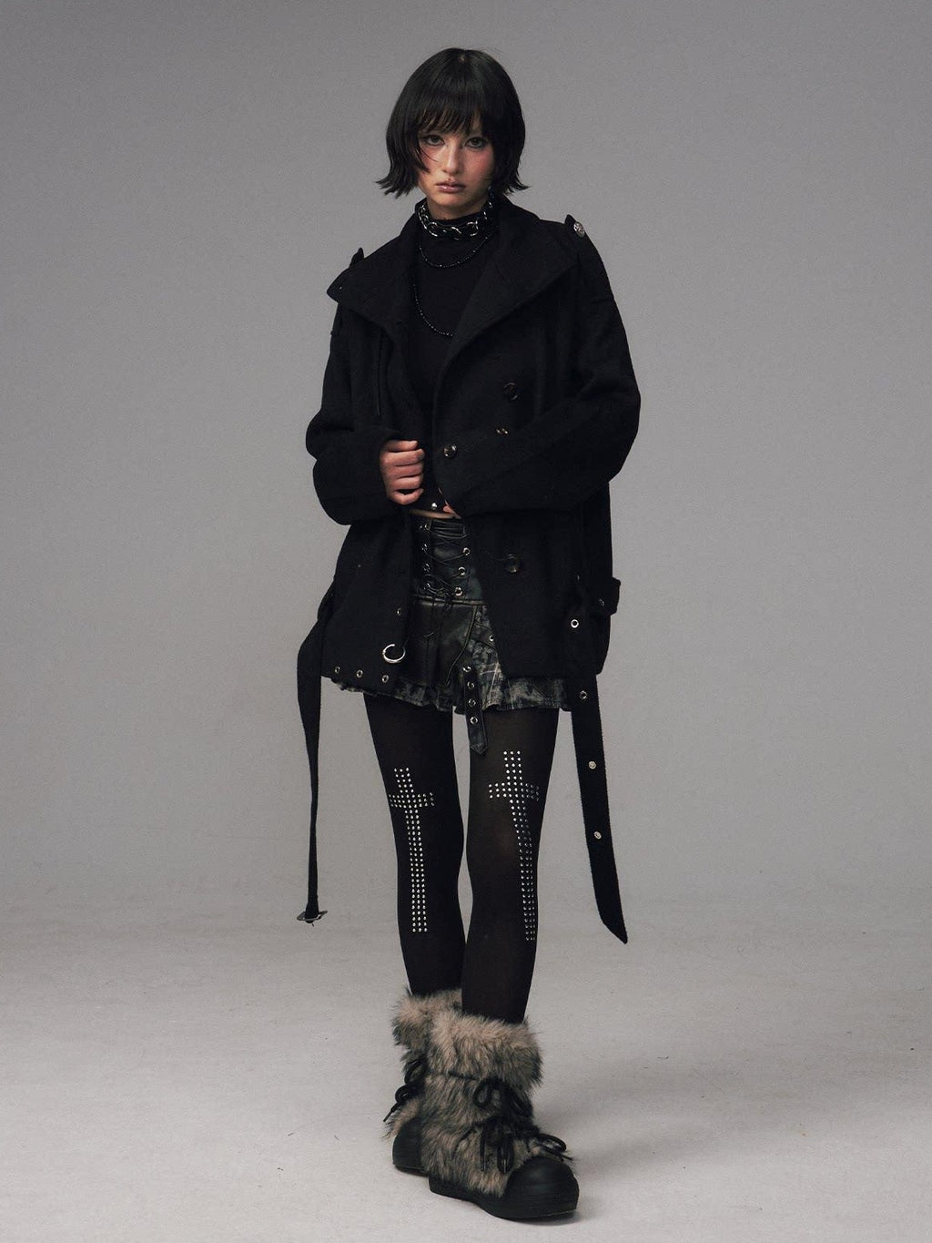 Frustration Garden Wool Blend Asymmetrical Double Breasted Loose Fit Commuter Black Short Coats